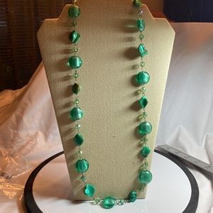 Aqua blue green beads , shells, crystals. 15” drop.